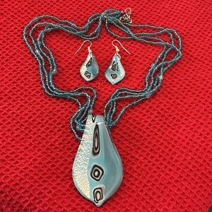 Handcrafted Blue Dichroic Teardrop Pendant Necklace and Earring Set